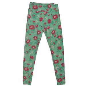 LulaRoe Leggings OS Green Pink Floral Pants one size Soft flowers